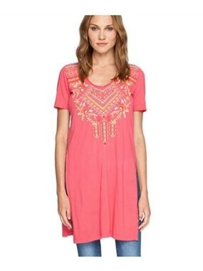 Johnny Was Coral Embroidered Tunic Top